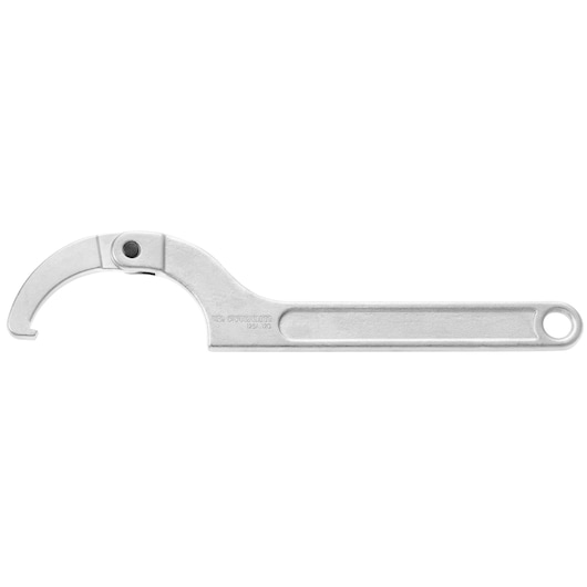 Facom 125A_35 adjustable hook spanner, silver metal, product photography, side angle on white background.