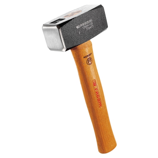Facom 1262H_125 sledge hammer with polished steel head and hickory wood handle, front angle on white background.