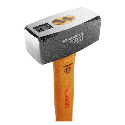 Photo of Facom 1262H_125 sledgehammer with a black metal head and polished faces, hickory wooden handle, angled view.