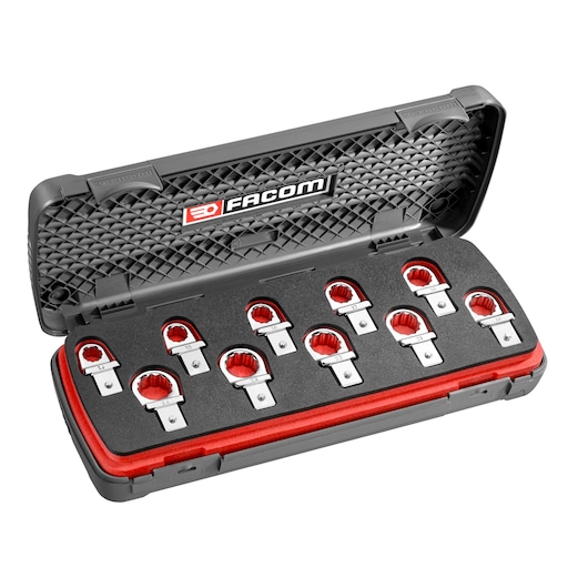 Facom 13_J10 open black and red case with ten chrome flare nut crowfoot wrenches in foam insert, angled view.