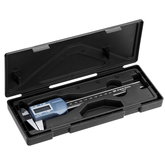 Facom digital caliper 1300EAPB in black plastic case, angled view, measuring scale visible.