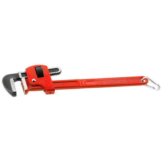 Photo of Facom 131A_10SLS red pipe wrench with wide jaw and metal hook, side angle on white background.