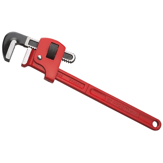 Facom 131A_18 red adjustable pipe wrench, side view on white background.