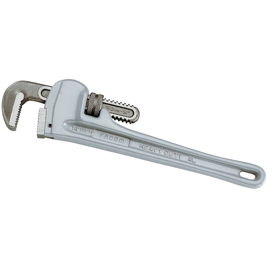 Photo of Facom 133A_14 heavy-duty aluminum pipe wrench, silver finish, side angle, on white background.