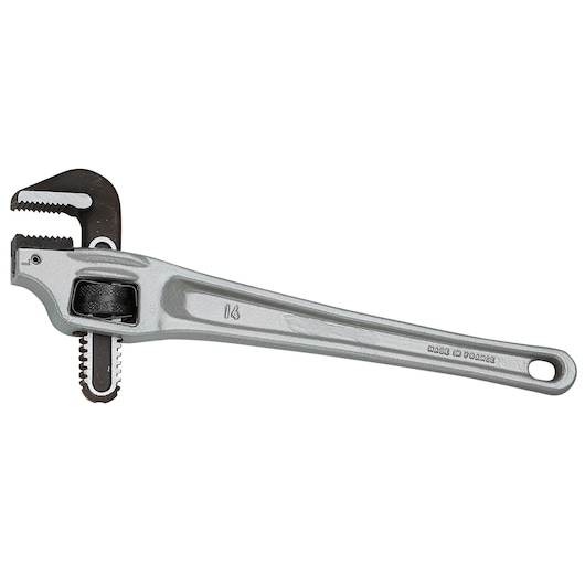 Facom 135A_24 pipe wrench with silver body and black jaw, side angle, photography product.