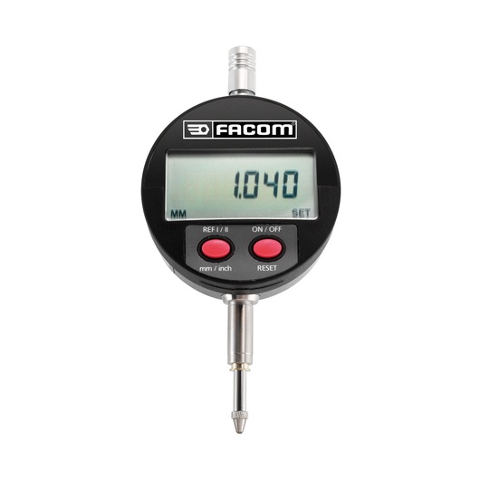 Facom digital dial indicator with LCD display and red buttons, SKU 1365, front angle, photography.