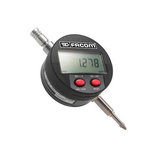 Facom digital dial indicator SKU 1365 with LCD display, black casing, front angle on white background.