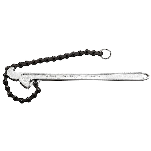 Photo of Facom 136A_2 chain wrench tool, silver handle with black chain, side angle on white background.
