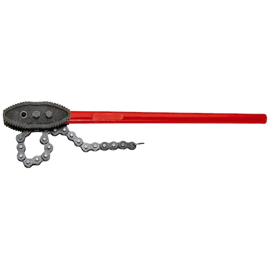 Facom 137B_6P chain pipe wrench with black head and red handle, side view on white background.