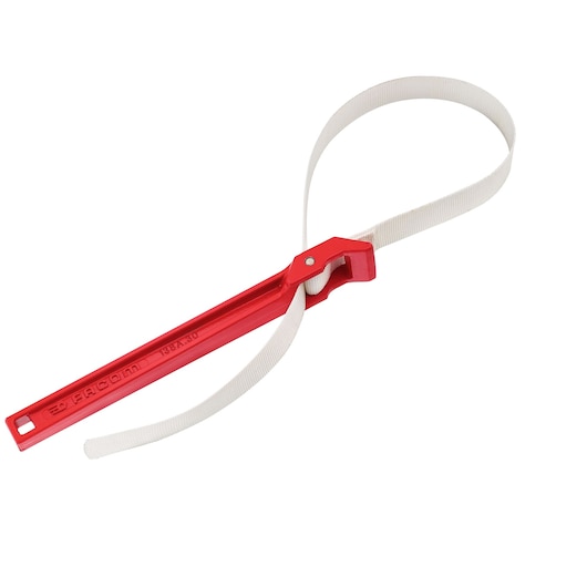 Facom 138S30 strap wrench with red handle and white adjustable strap, side angle on white background.