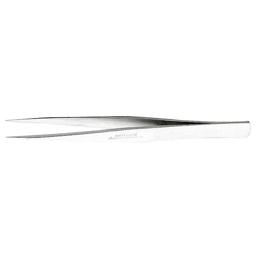 Facom 140AA stainless steel precision tweezers, straight tip, side angle, white background.