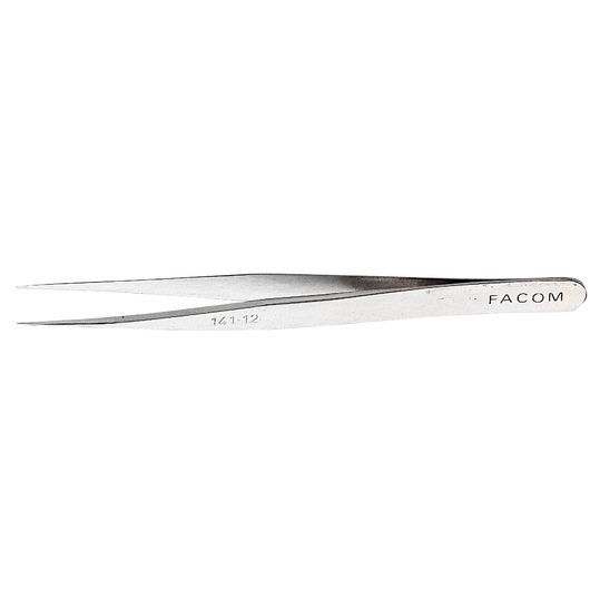 Facom 141_12 stainless steel precision tweezers, side angle, white background