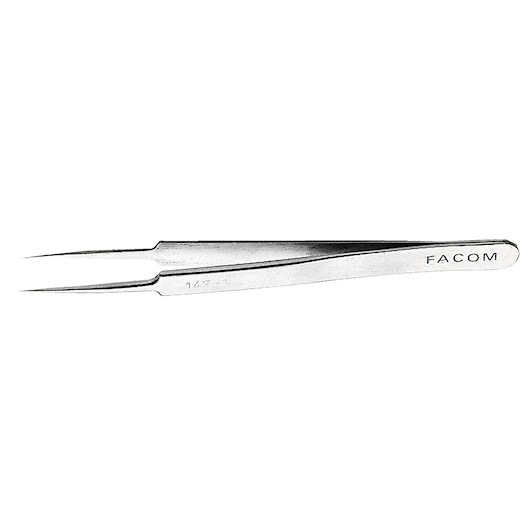 Facom 142_1 stainless steel fine tip tweezers, side angle on white background.