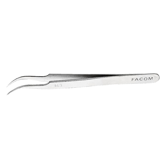 Facom 143 stainless steel curved tip tweezers side view on white background.