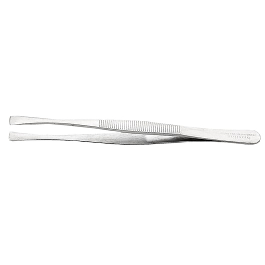 Facom 145 stainless steel tweezers with flat tips, side angle, against white background.