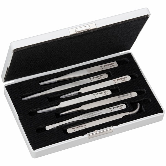 Facom precision tool set 147J7 in white case, photography of six stainless steel tools with black foam insert.