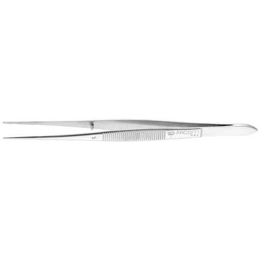 Facom 149 straight stainless steel tweezers, ribbed grip, side angle, photography.