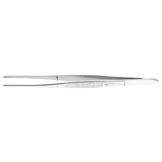 Photo of Facom 150 stainless steel tweezers with textured grip, side angle on white background.
