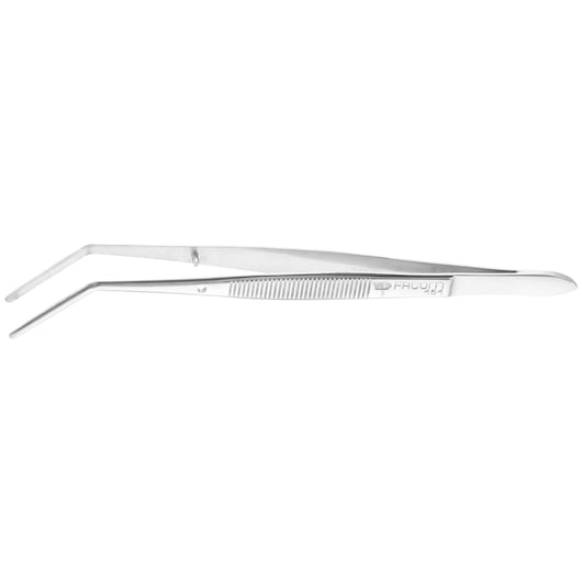 Facom 151 stainless steel angled tweezers, photography, side angle, ribbed grip handle.