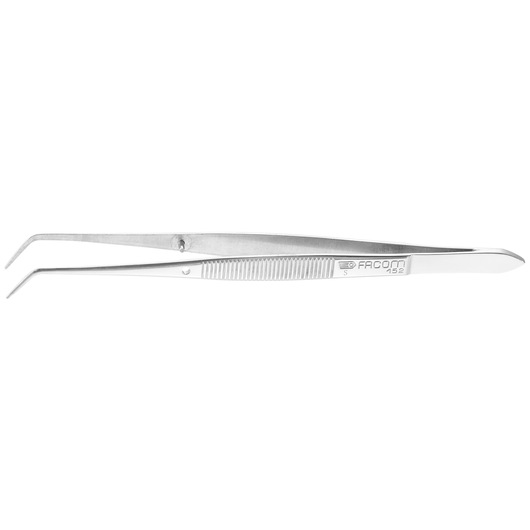 Facom 152 stainless steel precision tweezers with fine angled tips, side view on white background.