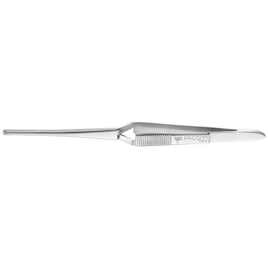 Facom 153 stainless steel straight tweezers, side angle, photography on white background.