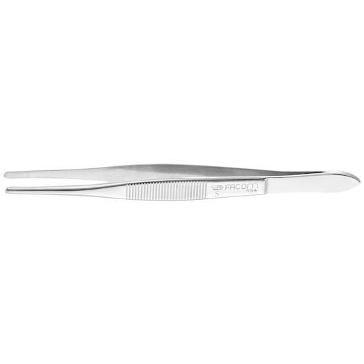 Facom 154 straight stainless steel tweezers with textured grip, side angle on white background.