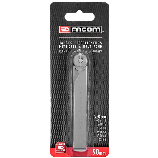 Facom 1618_00PB round tip metric feeler gauge set in silver, packaged on black card, front view.