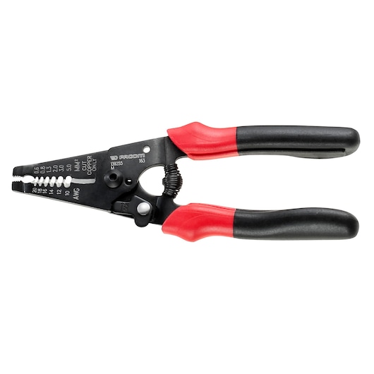 Facom 163 wire stripper pliers with red and black handles, side view on white background.