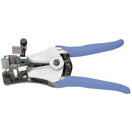 Facom 165_1 wire stripper pliers, silver body with blue handles, side angle, photography