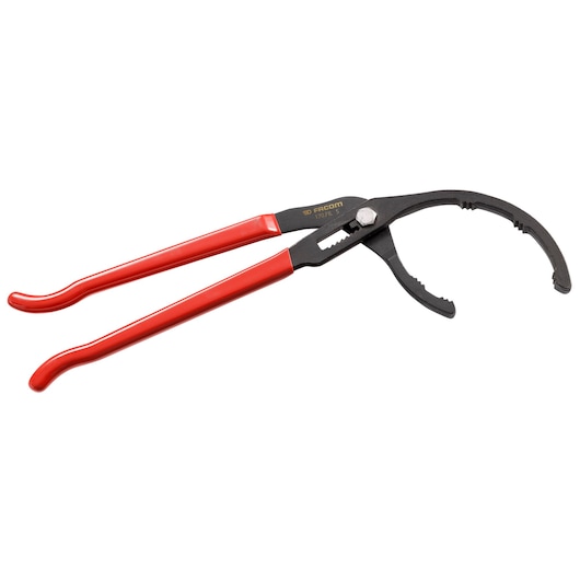 Facom 170.FILPB adjustable oil filter pliers with red handles, product shown at side angle on white background.
