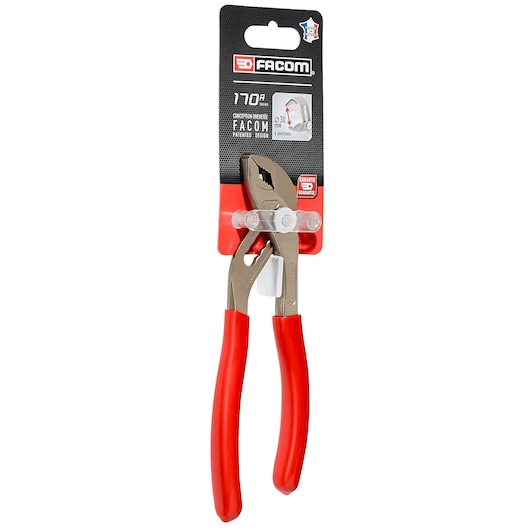 Facom 170A_18PB adjustable pliers with red handles, front angle, in retail packaging.