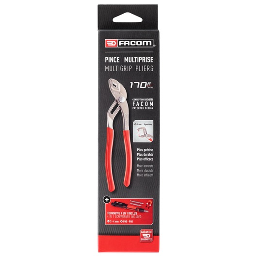 Photo of Facom 170A.25PB multigrip pliers in packaging, angled front view, with red handles and 4-in-1 screwdriver included.