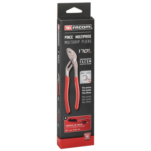 Photo of Facom 170A.25PB multigrip pliers in retail packaging, showing red handles and product details, front angle.
