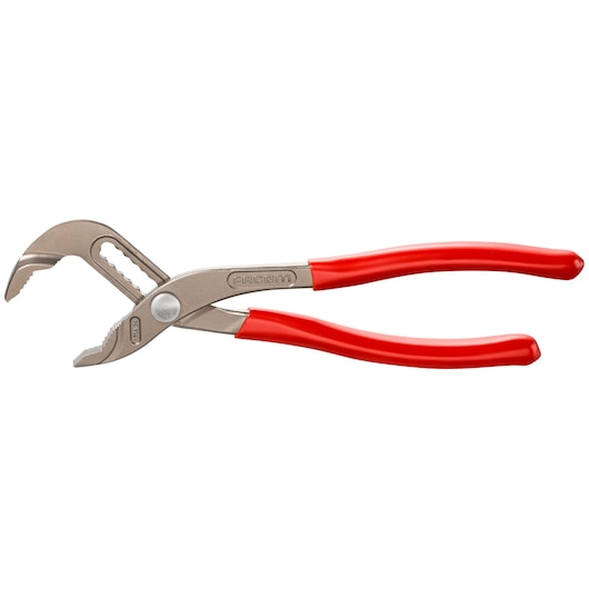 Facom 170A_25 adjustable water pump pliers with red handles, side view, photography on white background.