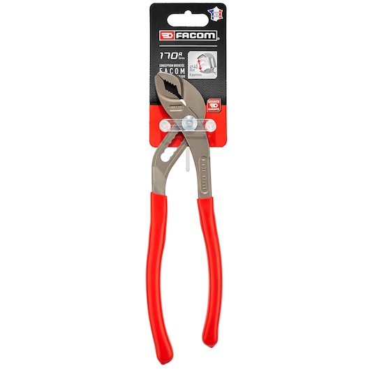 Photo of Facom 170APB adjustable pliers with red handles, front packaging view on white background.