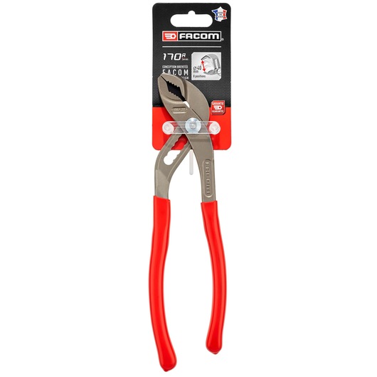 Photo of Facom 170APB adjustable pliers with red handles, front packaging view on white background.