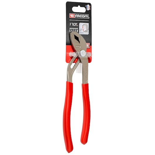 Photo of Facom 170APB adjustable pliers with red handles, front view, in retail packaging.