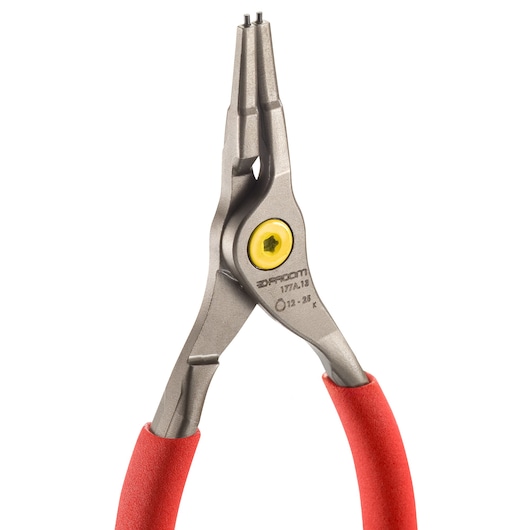 Photo of Facom 177A18 external circlip pliers with red handles, front angle on white background.