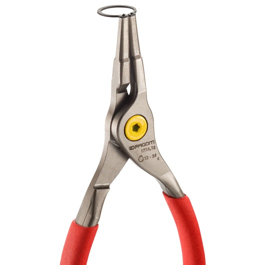 Facom 177A_9 circlip pliers with red handles, front angle, holding a circular snap ring