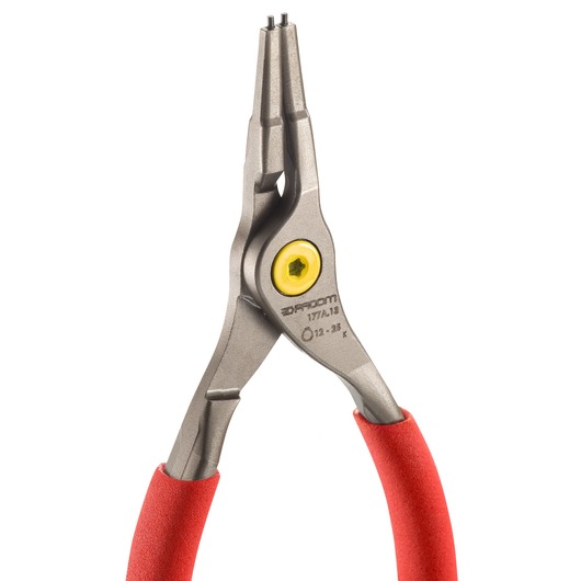 Facom 177A_9 snap ring pliers with red handles, front angle, metallic jaws, yellow pivot.