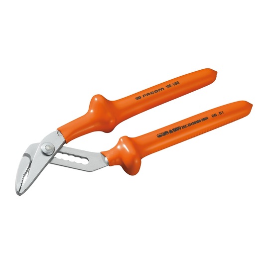 Facom 180_VSE insulated adjustable pliers with orange handles, side angle, white background.