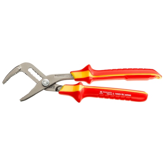 Facom insulated groove joint pliers with red and yellow handles, side angle, 180A_VE.