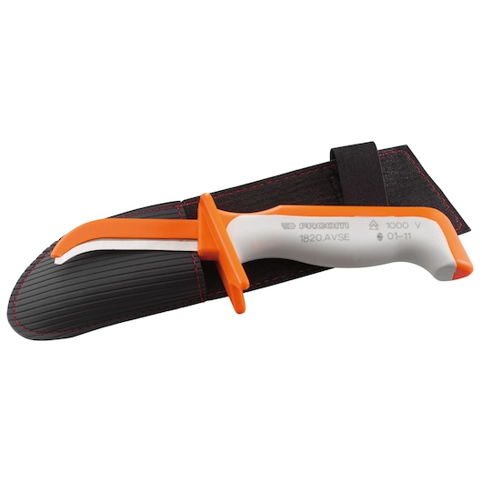 Facom 1820_AVSE insulated cable knife with orange and white handle, hooked blade, and black sheath, side view.