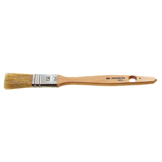 Facom 1830_1 flat paintbrush with wooden handle and yellow bristles, side view, photography.