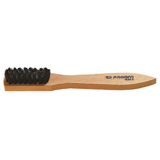 Facom 1830_3 wooden handle wire brush, black bristles, side angle, cleaning tool.