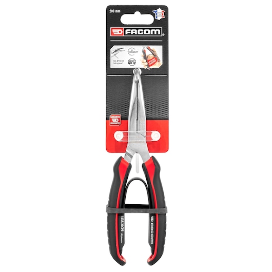 Facom HALF-RND_40DEG_SNIPE_NOSE_200MM pliers, black and red ergonomic handle, front angle, photography