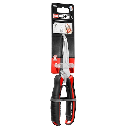 Photo of Facom HALF-RND_40DEG_SNIPE_NOSE_200MM long nose pliers with black and red ergonomic handles, front angle.