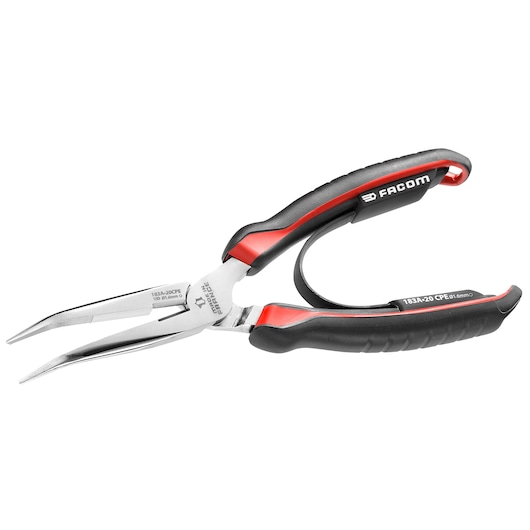 Facom 183A_20CPE long nose pliers with black and red ergonomic handles, angled jaws, product photo on white background.