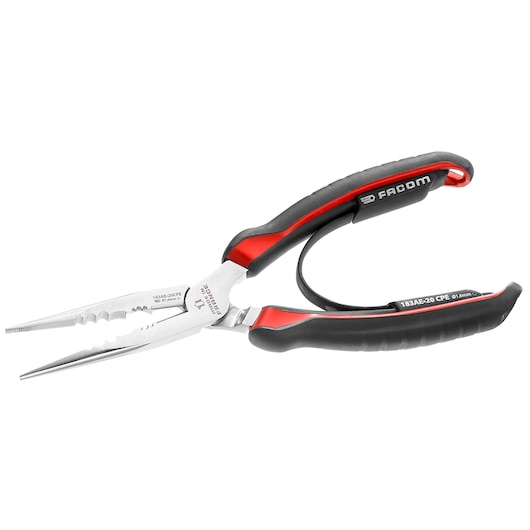 Facom 183AE_20CPE long nose pliers with black and red ergonomic handles, side view on white background.