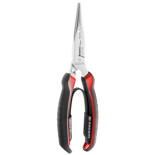 Facom 183AE_20CPE needle nose pliers with black and red ergonomic handles, front angle, white background